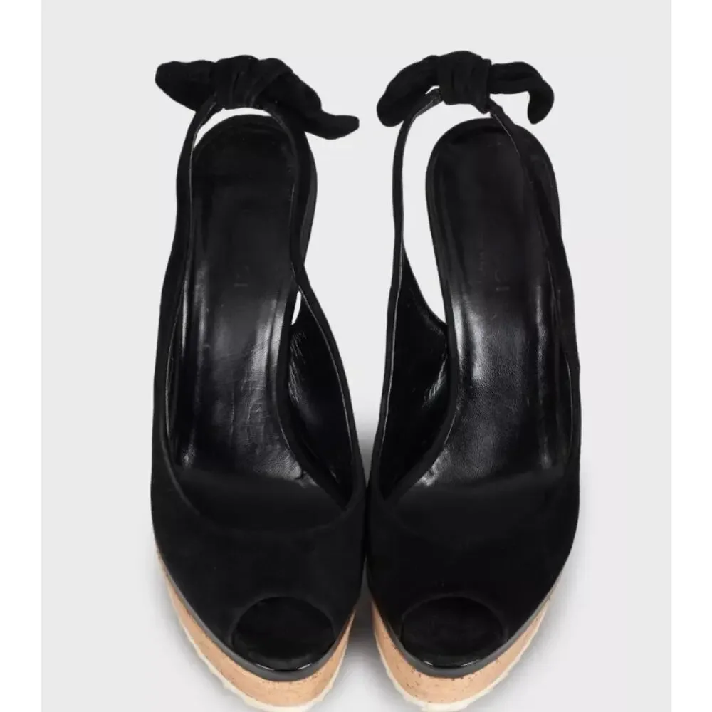 Gucci Black Suede Printed Wedge Sandals - EU 35